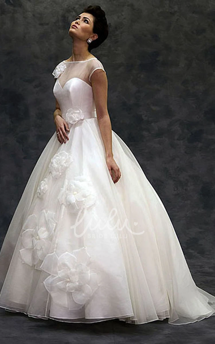 Ball Gown Tulle Wedding Dress with Flower and Illusion Short-Sleeve Bateau-Neck Floor-Length