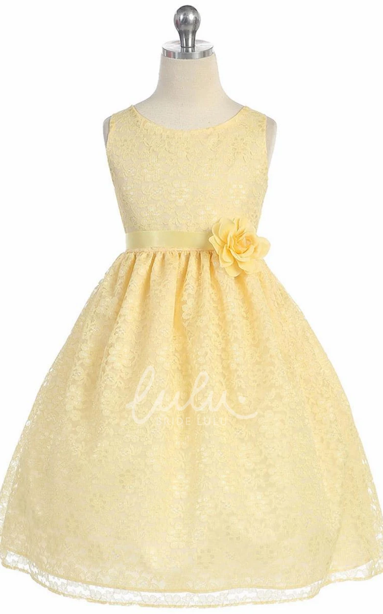 Lace Tea-Length Flower Girl Dress with Floral Design