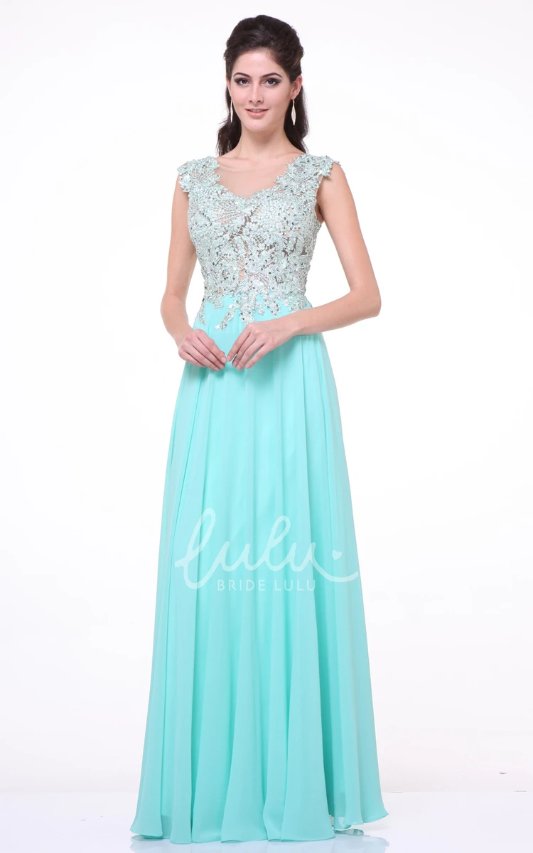 A-Line Chiffon Dress with Appliques and Pleats Scoop-Neck Bridesmaid Dress