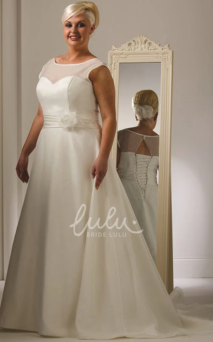 Organza Cap Sleeve Wedding Dress with Illusion Jewel Neckline and Lace Up