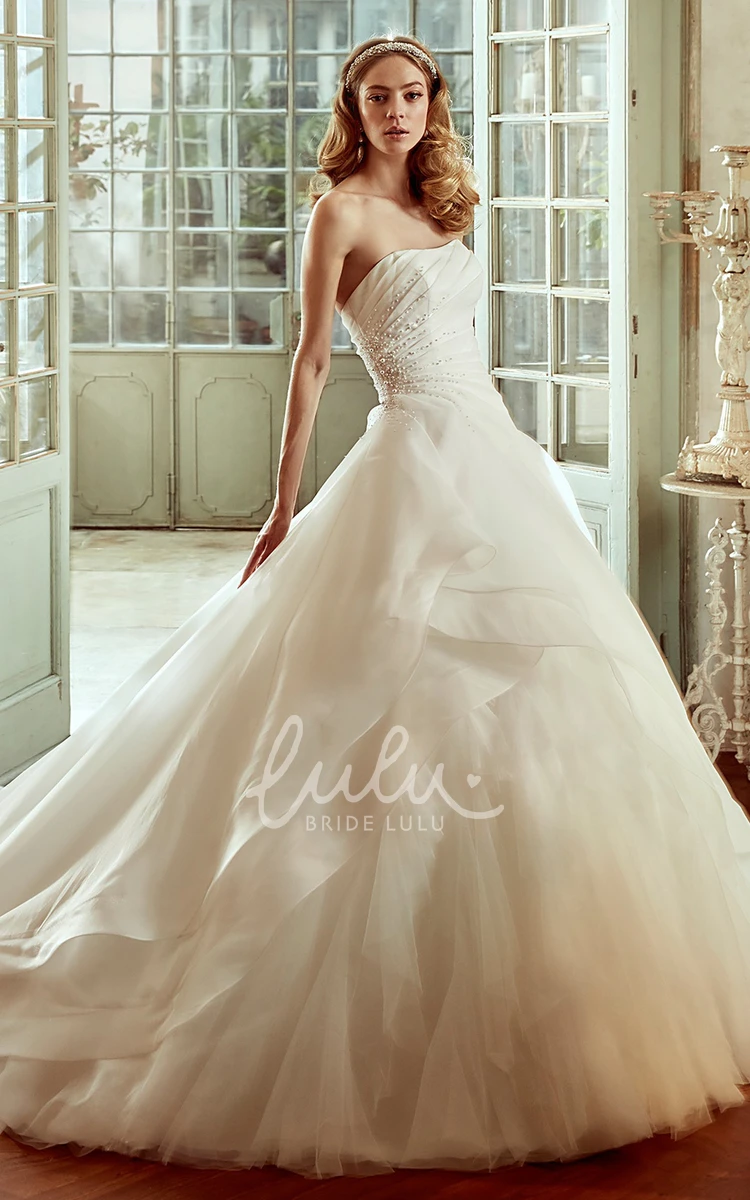 Ruched Skirt Strapless Wedding Dress with Brush Train and Side Draping