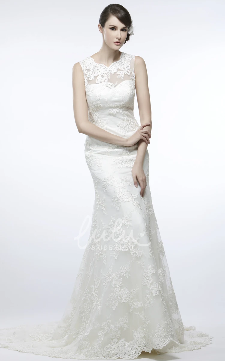 Lace Illusion Back Sheath Wedding Dress with Appliques and Court Train