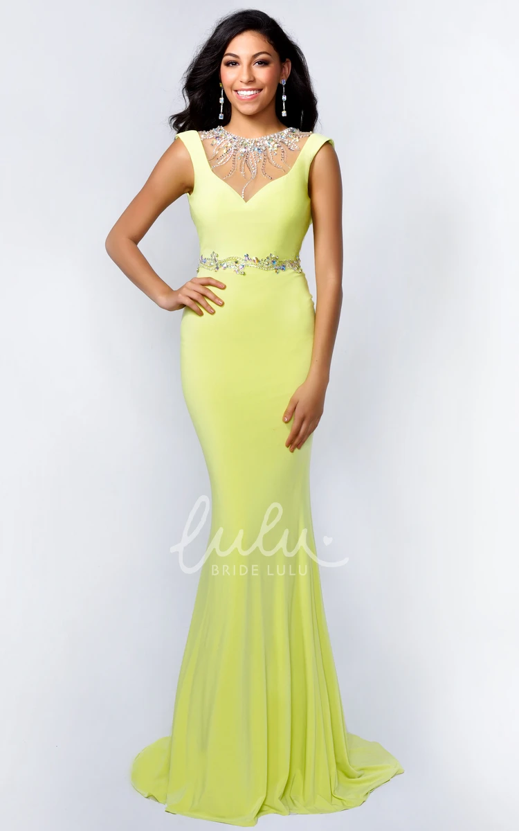 Jewel-Neck Trumpet Formal Dress with Jersey Illusion and Waist Jewelry