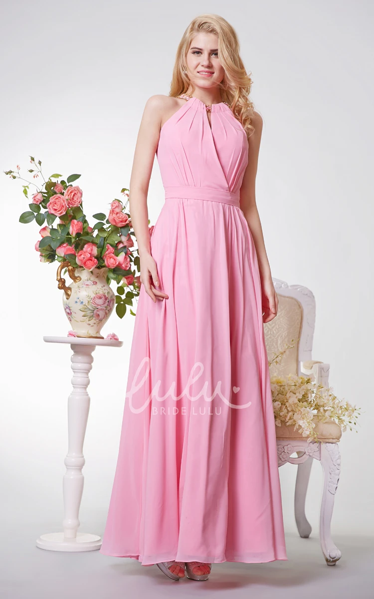 Long Chiffon Prom Dress with Halter Neckline and Keyhole Back