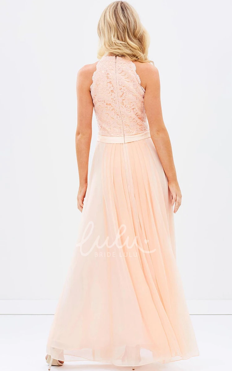 Chiffon Appliqued Bridesmaid Dress with Scoop Neck and Ribbon Sleeveless