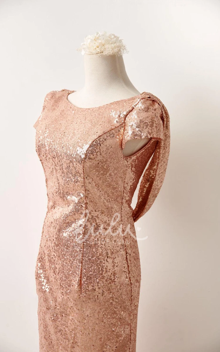 Elegant Rose Gold Sequin Bridesmaid Dress with Short Sleeves