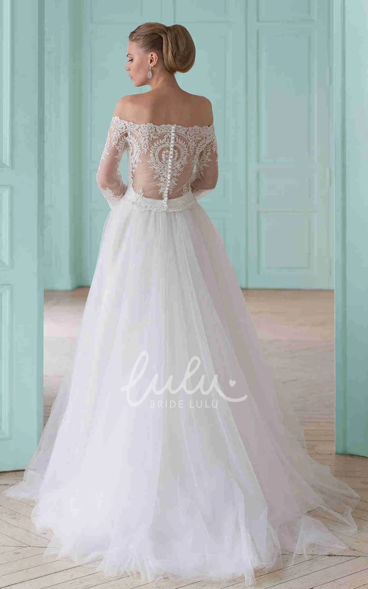 Off-The-Shoulder A-Line Tulle Wedding Dress with Lace and Illusion Long-Sleeve Bridal Gown