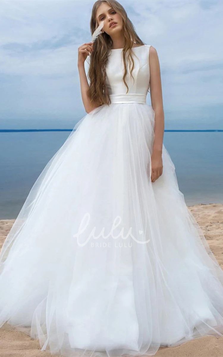 Sleeveless Satin Tulle Modern Open Back Lace-up Wedding Dress with Bow Modern Satin Wedding Dress