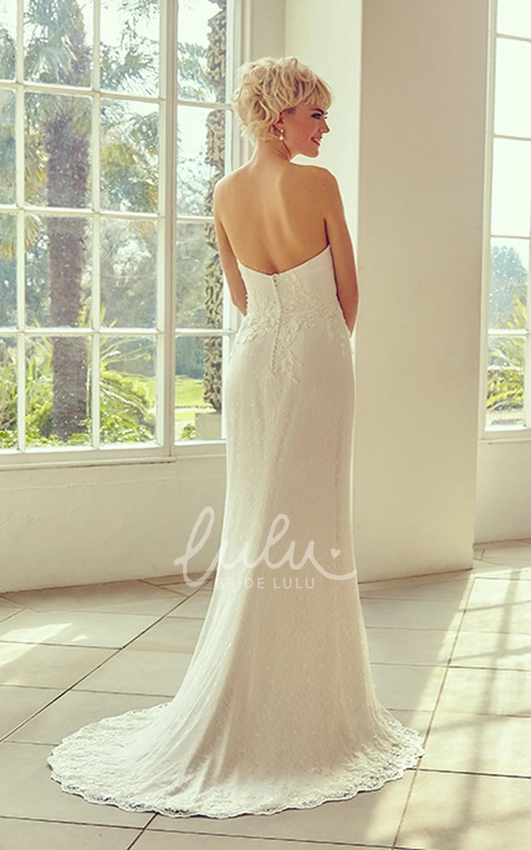 Lace Appliqued Strapless Wedding Dress with Brush Train Floor-Length Bridal Gown