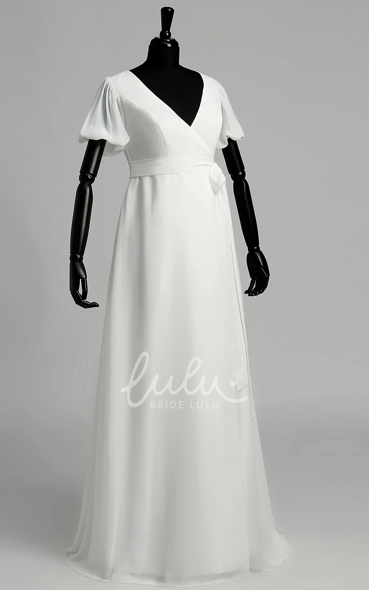 Chiffon A-Line Wedding Dress with Court Train and Ribbon Sash