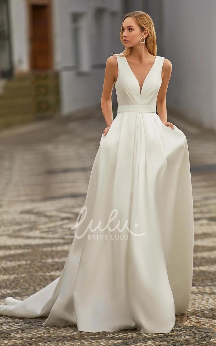 Satin A Line Court Train Wedding Dress with Elegant V-neckline and Pockets