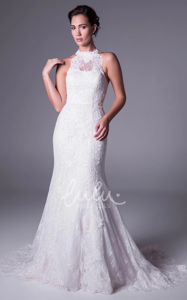 High-Neck Long Lace Wedding Dress Trumpet Appliqued Sleeveless