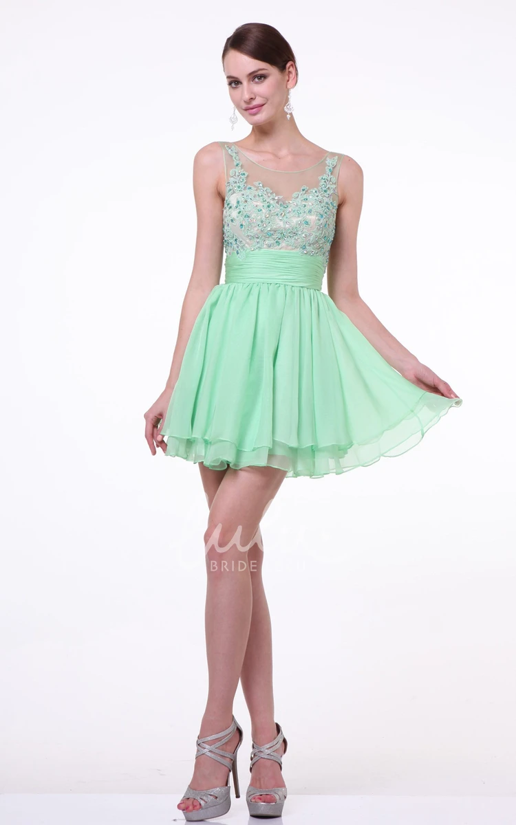 Bateau Chiffon A-Line Short Dress with Appliques and Tiers Formal Dress