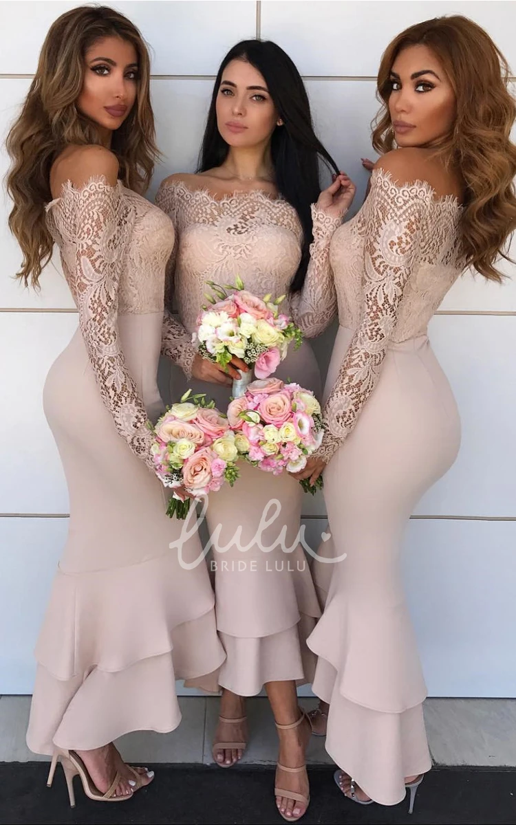 Long Sleeve Satin Lace Bridesmaid Dress Trumpet & Casual with Tiers