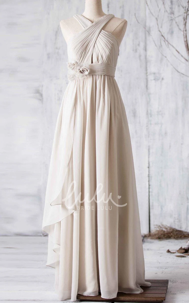 V-Back Pleated Chiffon Long Dress with Criss Cross Top
