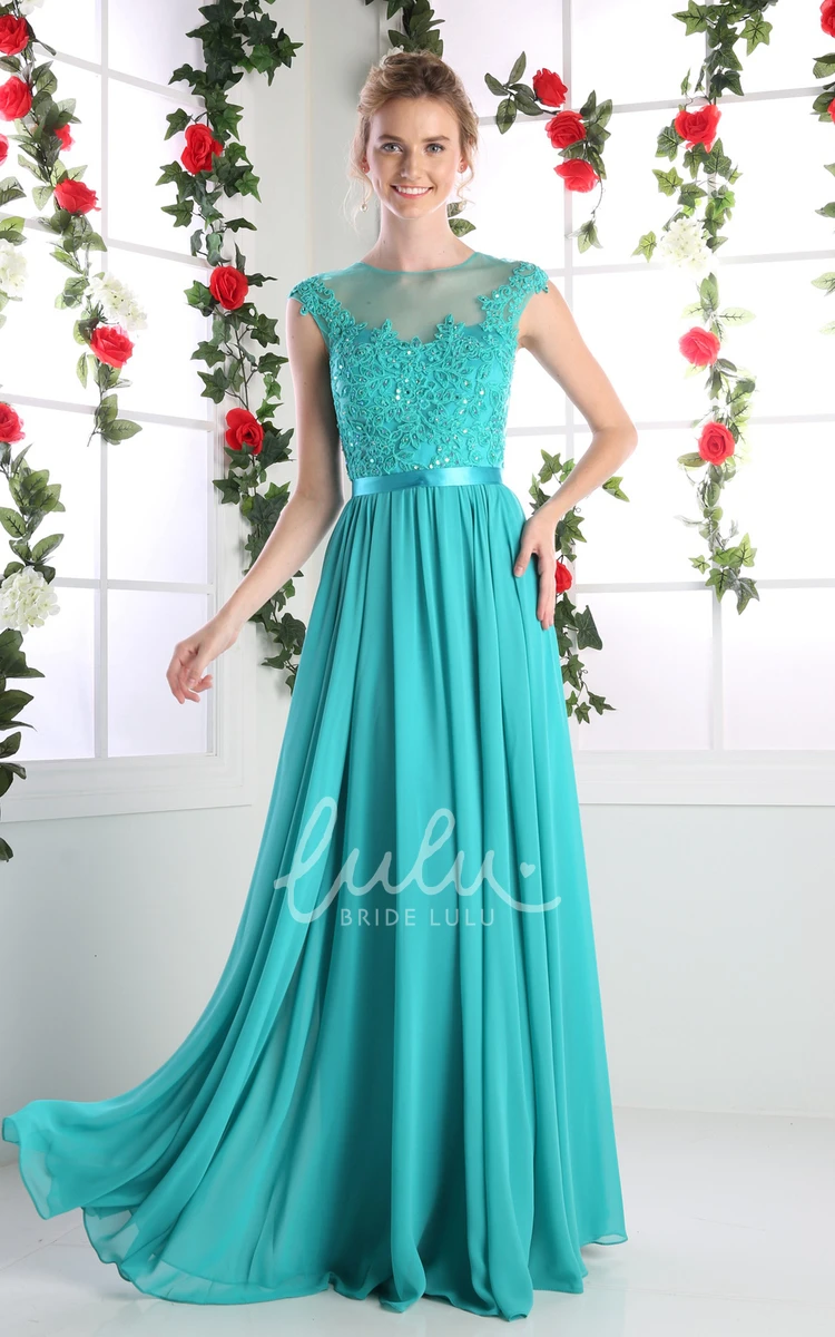 Cap-Sleeve Chiffon A-Line Formal Dress with Lace and Pleats