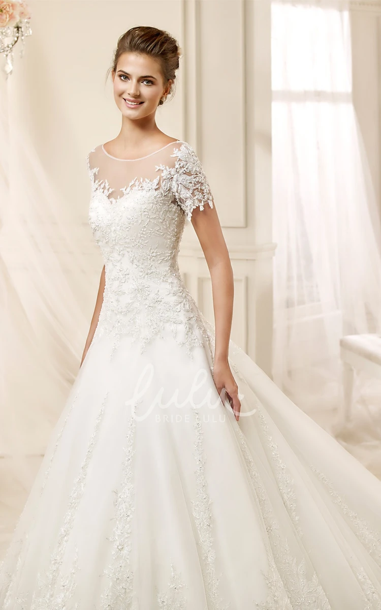 Illusive A-line Wedding Dress with Jewel-neck and Brush Train Elegant and Unique