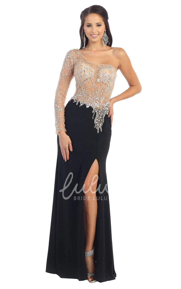 Illusion One-Shoulder Long Sleeve Formal Dress with Front Split and Beading