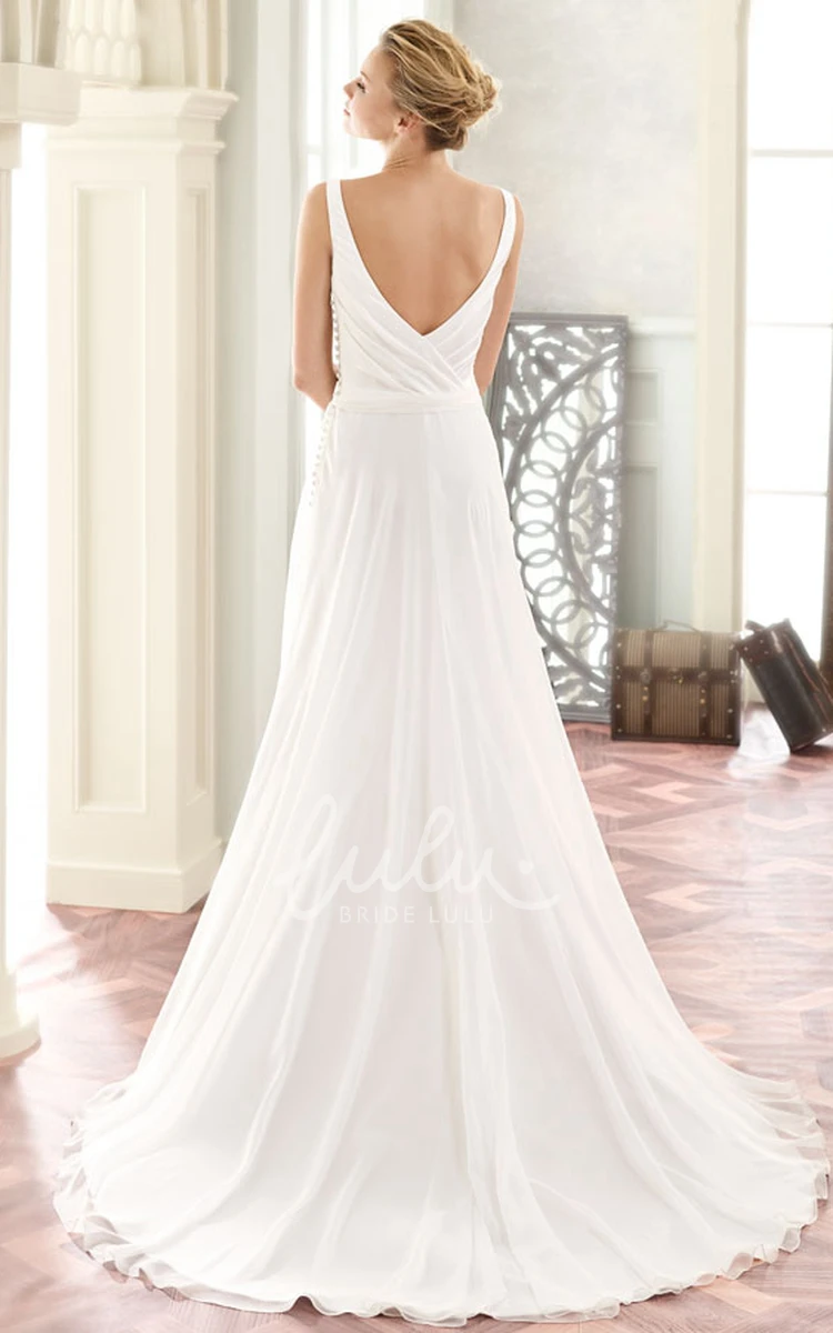 Chiffon V-Neck Wedding Dress with Appliques and Sweep Train Maxi Length