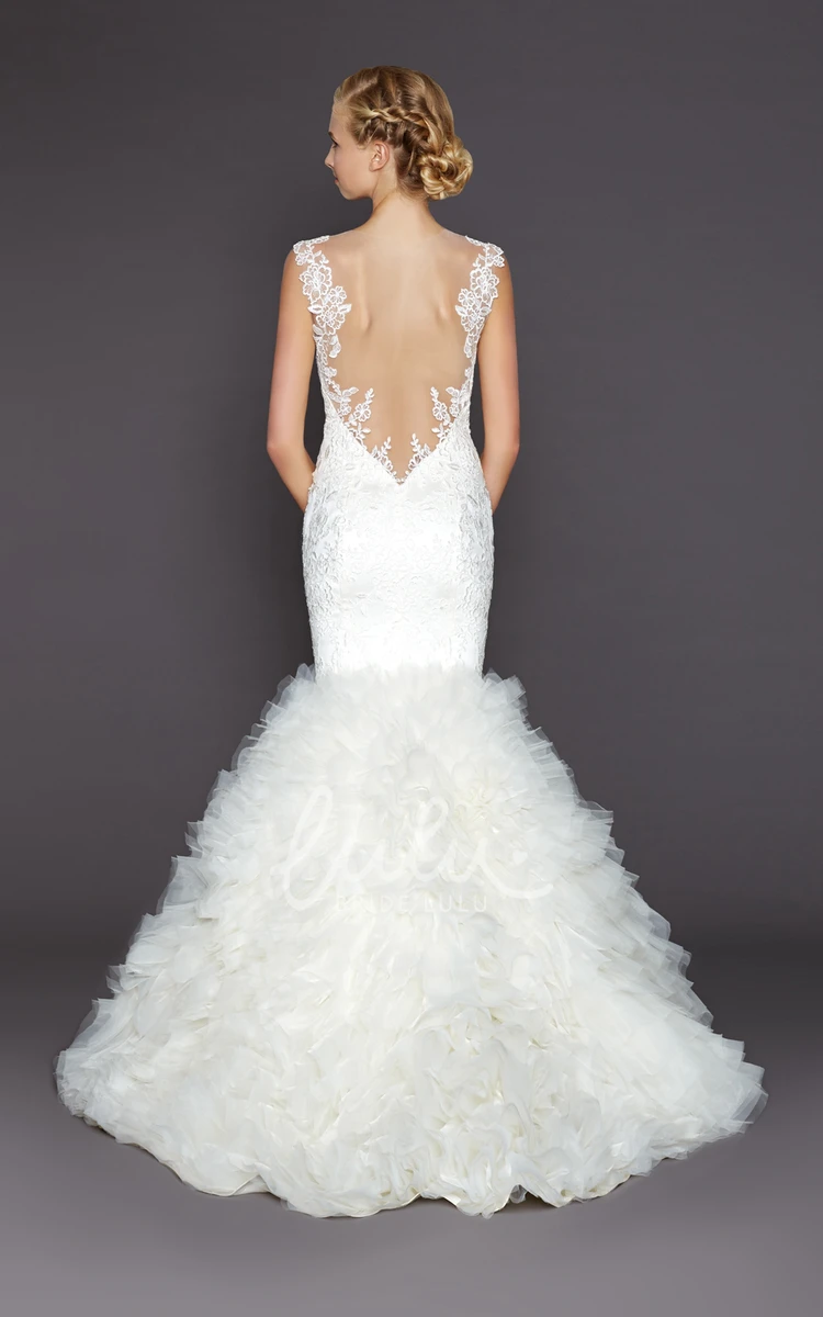 Mermaid Lace Wedding Dress with Deep-V Back and Ruffles Sleeveless Appliqued Floor-Length