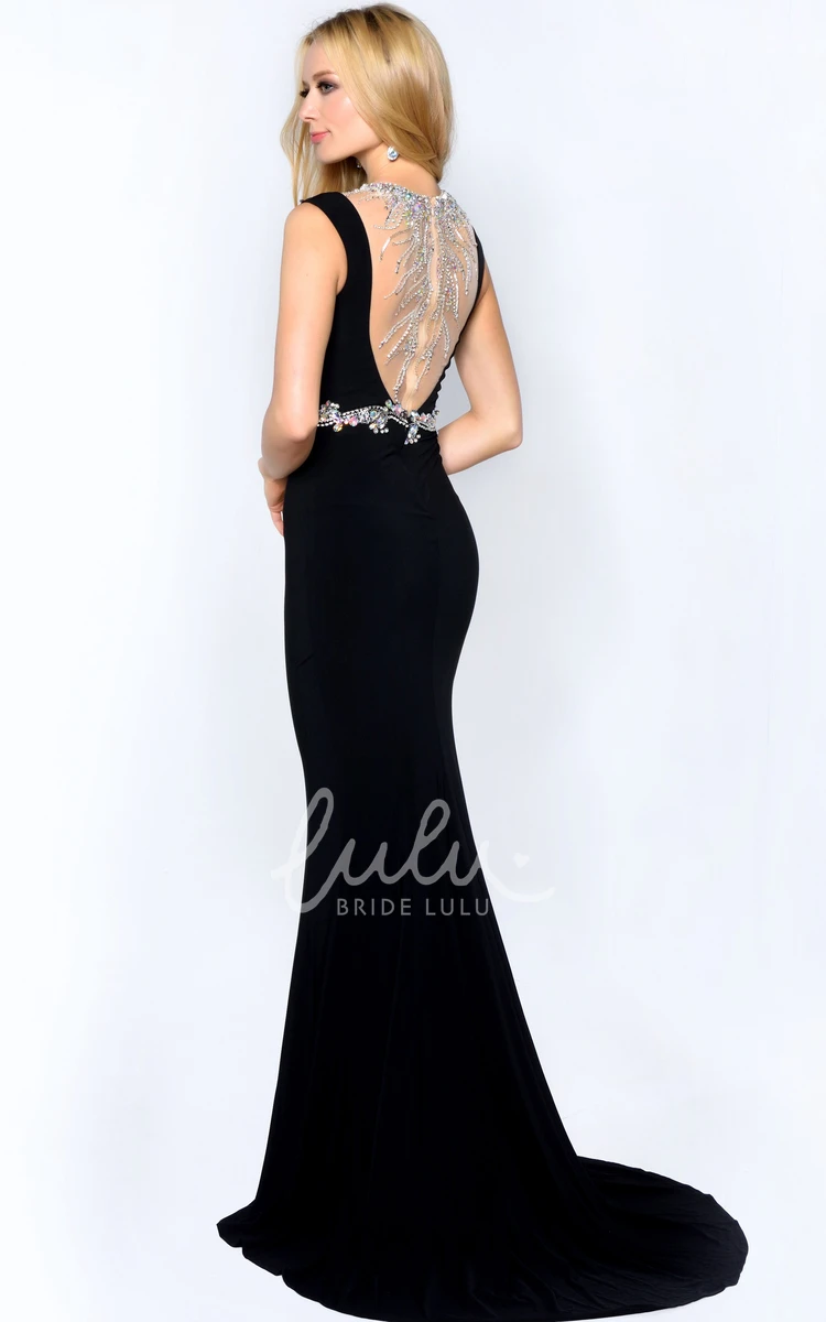 Jewel-Neck Trumpet Formal Dress with Jersey Illusion and Waist Jewelry