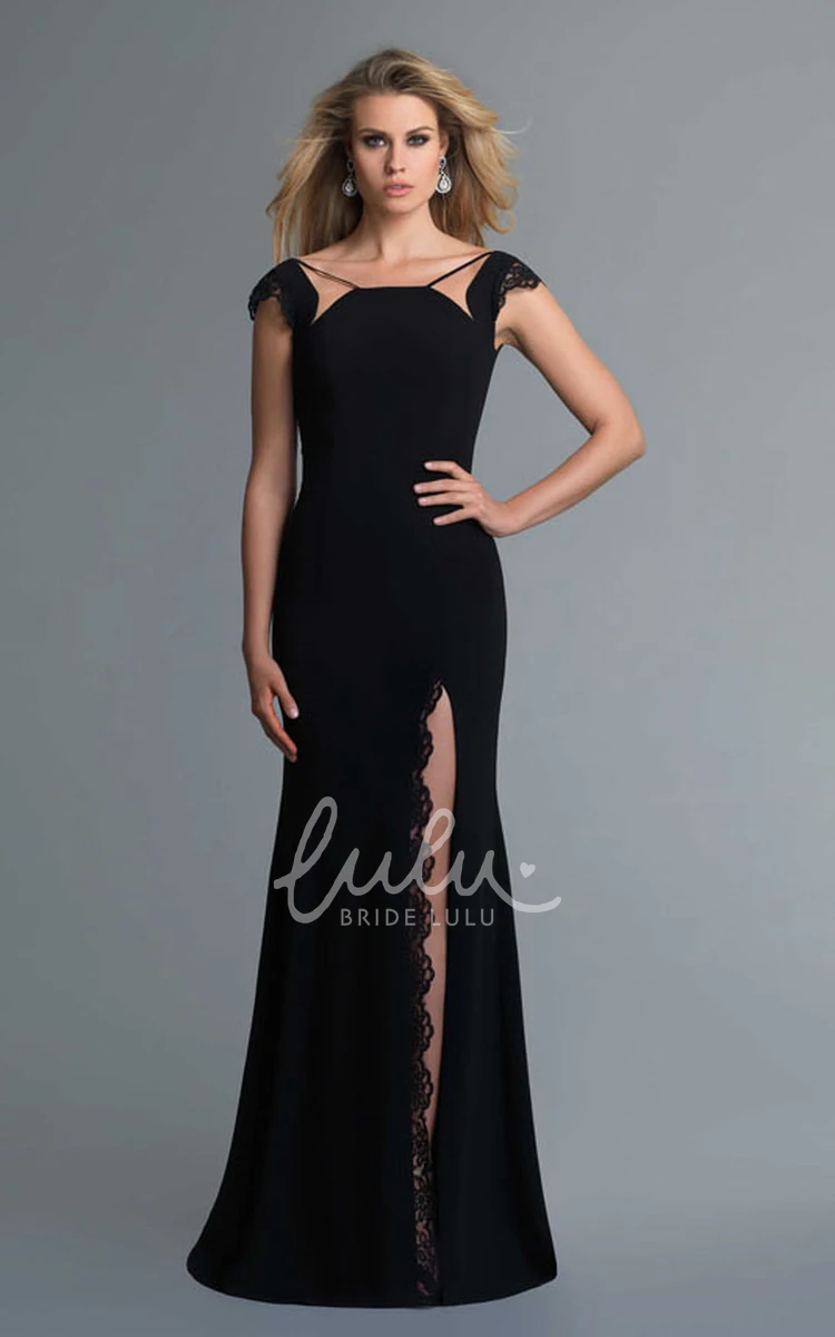 Modern Cap-Sleeve Jersey Formal Dress with Deep-V Back and Lace