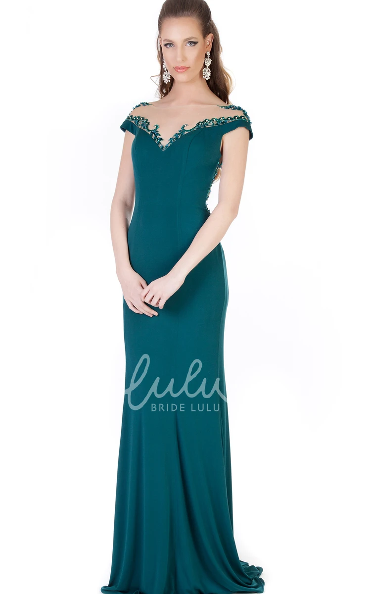 Jewel-Neck Cap-Sleeve Sheath Long Evening Dress with Beading