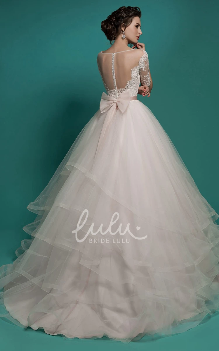 Tulle Tiered Ball Gown with Scoop-Neck and Lace Appliques