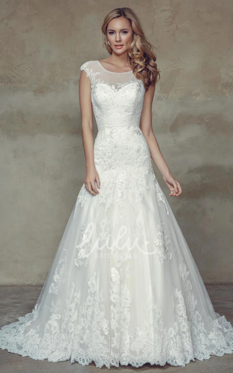 A-Line Lace Wedding Dress with Illusion Cap-Sleeve Scoop-Neck Dress