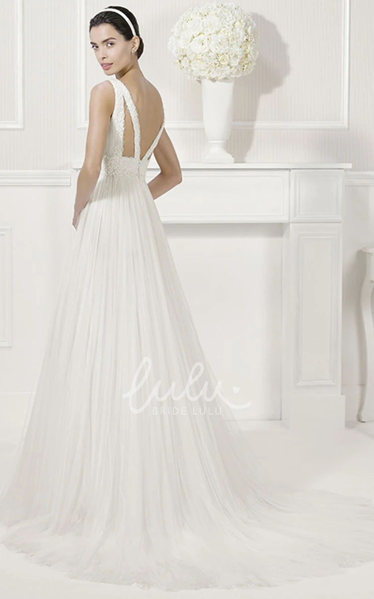 Empire V-Neck Pleated A-Line Tulle Wedding Dress with Jewels