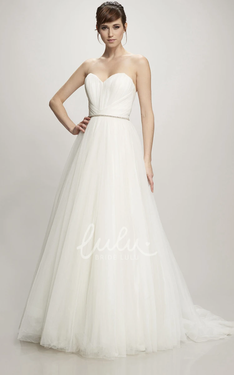 Jeweled A-Line Tulle Wedding Dress with Ruching and Brush Train Elegant Bridal Gown