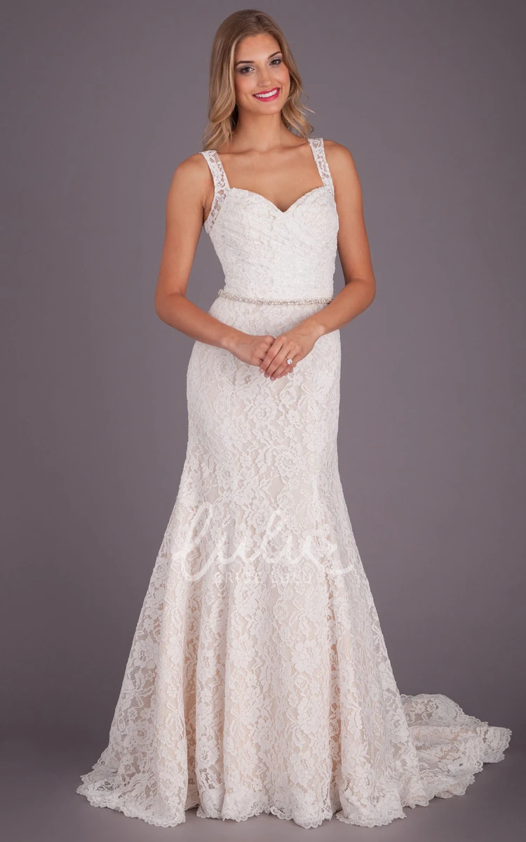 Jeweled Lace A-Line Wedding Dress with Criss Cross Back Floor-Length