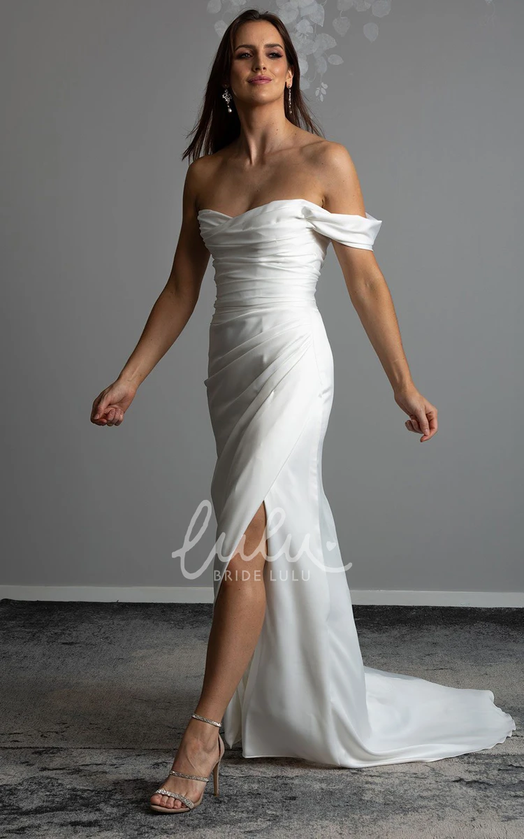 Off-the-shoulder Satin Mermaid Wedding Dress with Ruching and Open Back