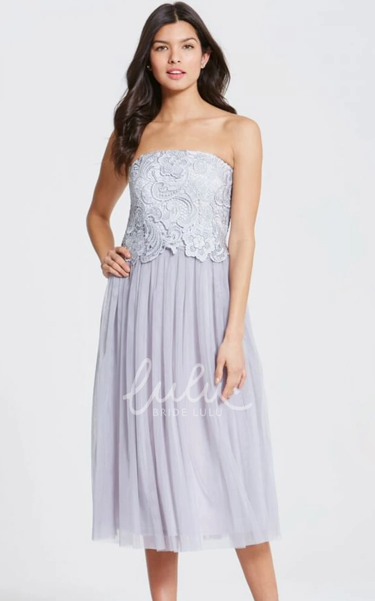 Strapless Tulle Bridesmaid Dress Tea-Length with Appliques and Pleats