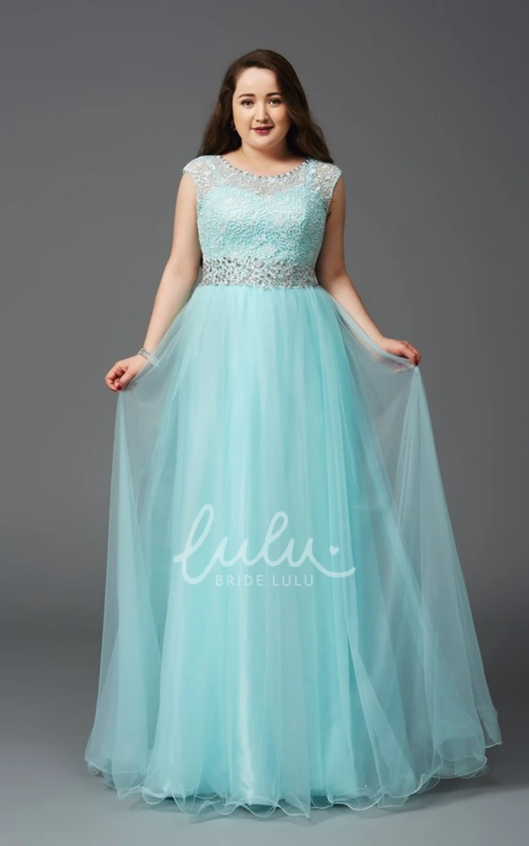 Illusion A-line Lace Formal Dress with Scoop Neckline and Jeweled Waist