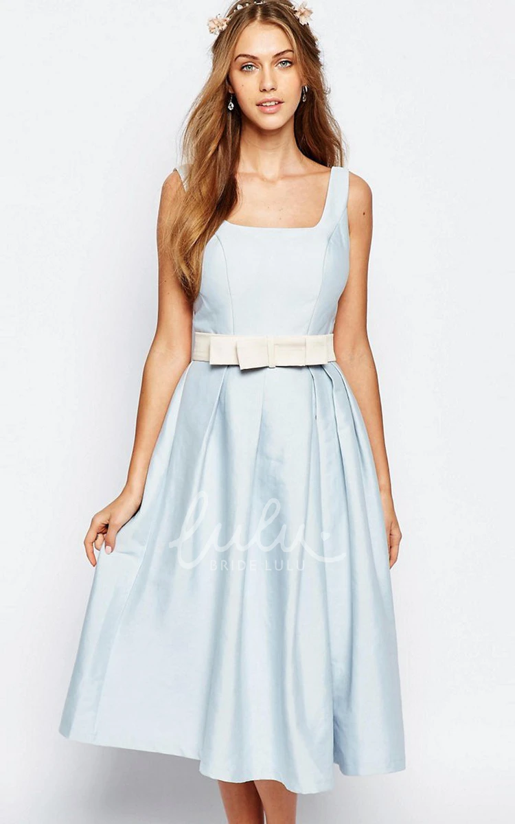 A-Line Satin Bridesmaid Dress Sleeveless Square-Neck Tea-Length Bow