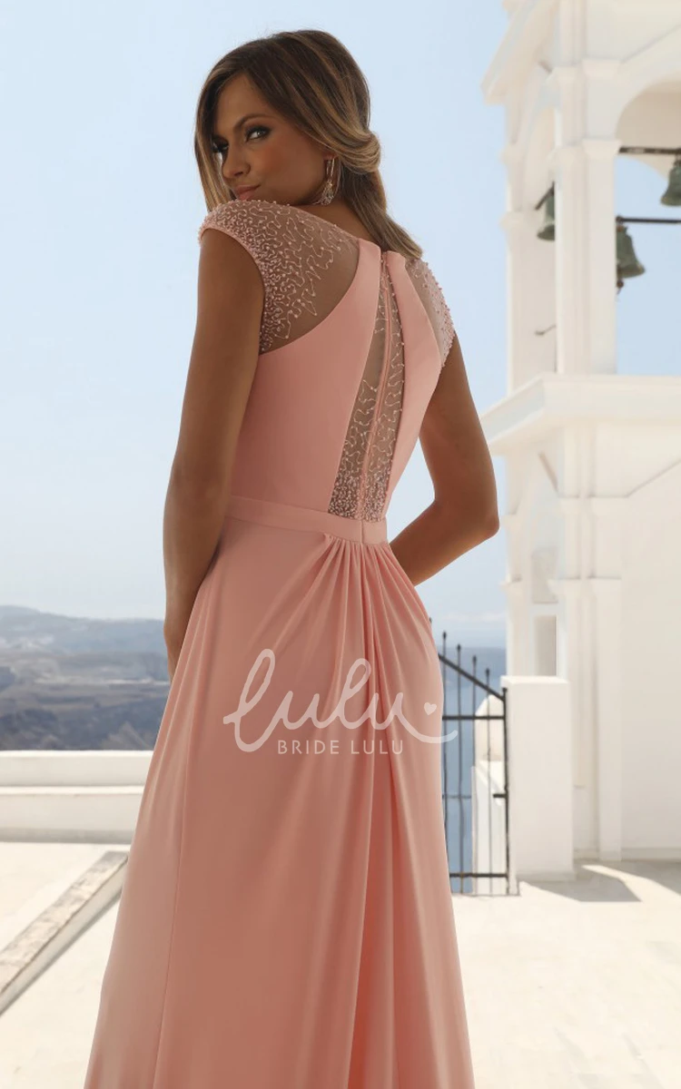 Chiffon Sheath Formal Dress with Short Sleeves and Bateau Neckline