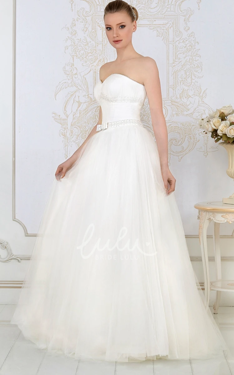 Sweetheart Tulle Wedding Dress Ruched Floor-Length Sleeveless with Beading and Bow