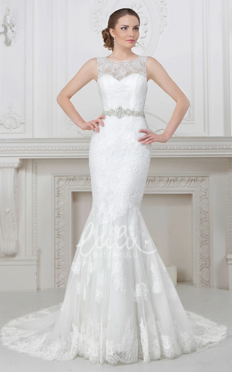 Sleeveless Satin Bateau-Neck Mermaid Wedding Dress with Waist Jewelry