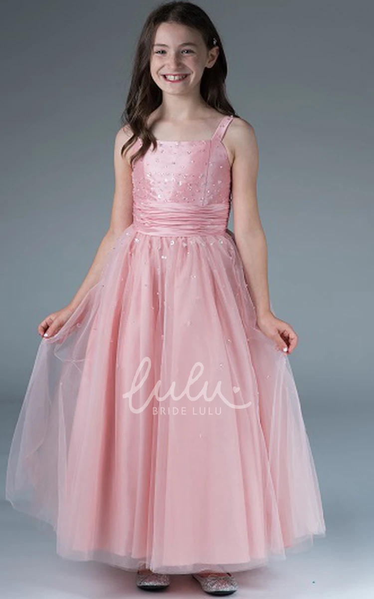 Sequined Tulle Ball Gown Flower Girl Dress with Square Neck