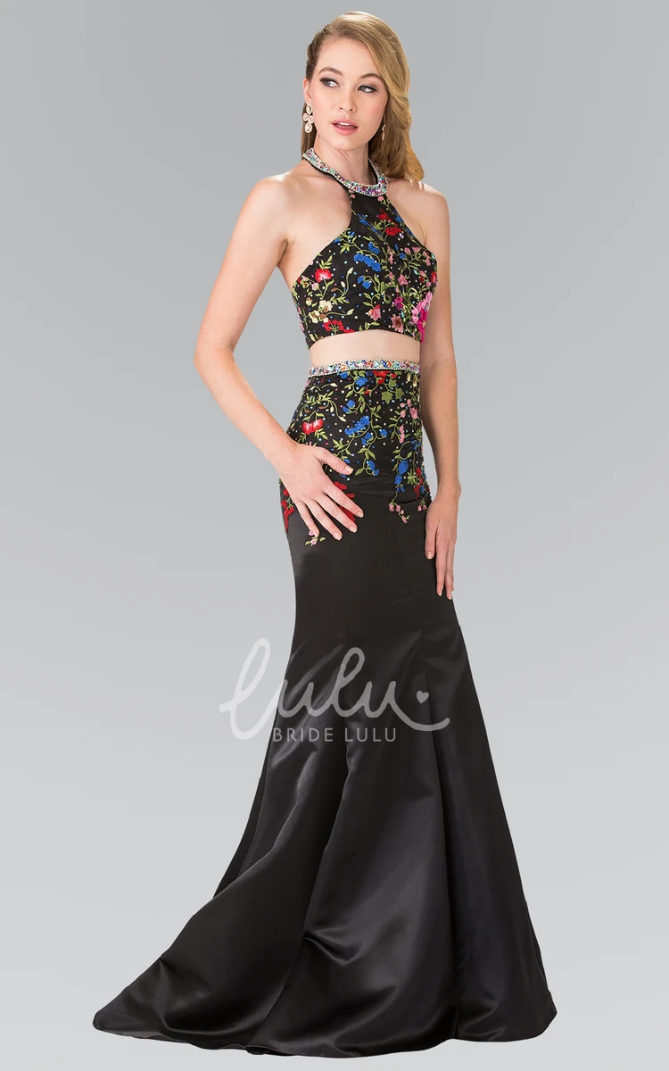 Embroidered Satin Two-Piece Sheath Dress for Prom or Formal Events