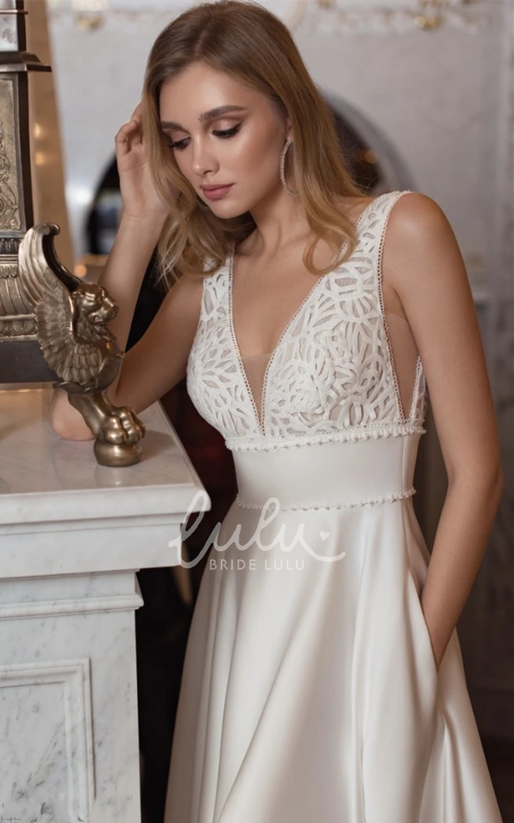 Gorgeous V-neck Satin Wedding Dress with Pockets A-Line Wedding Dress