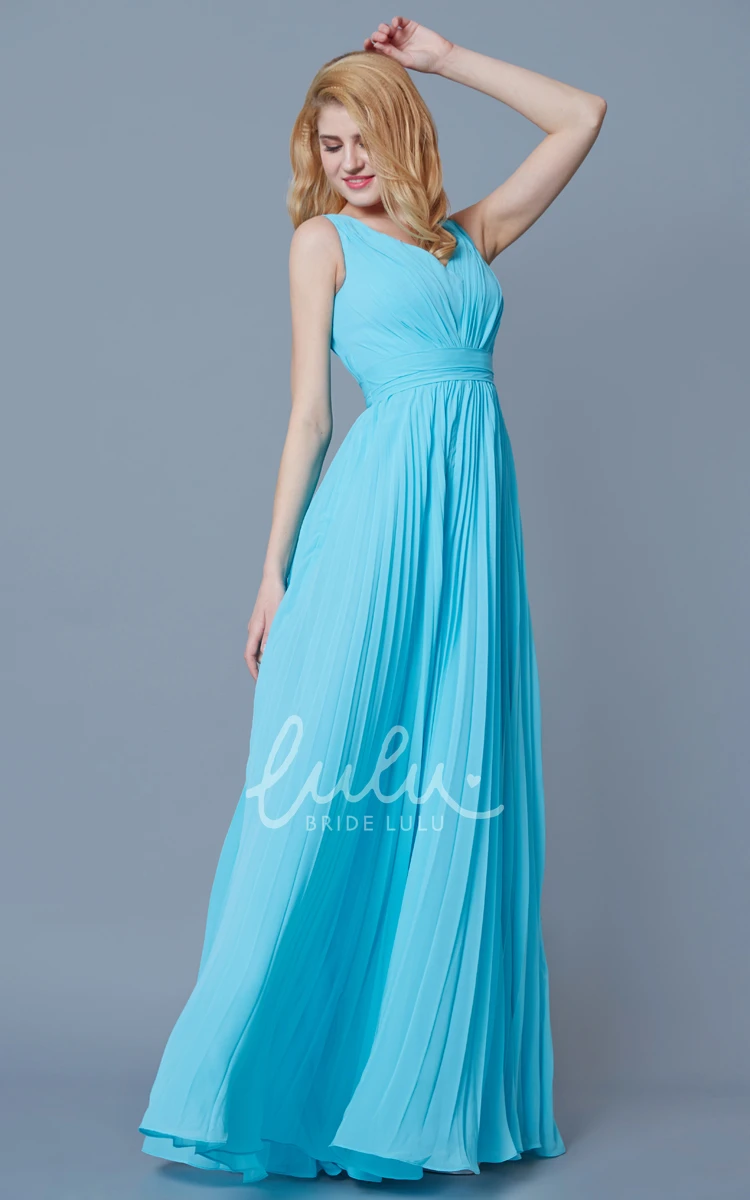 Long Chiffon Bridesmaid Dress with Empire Waist and Pleats