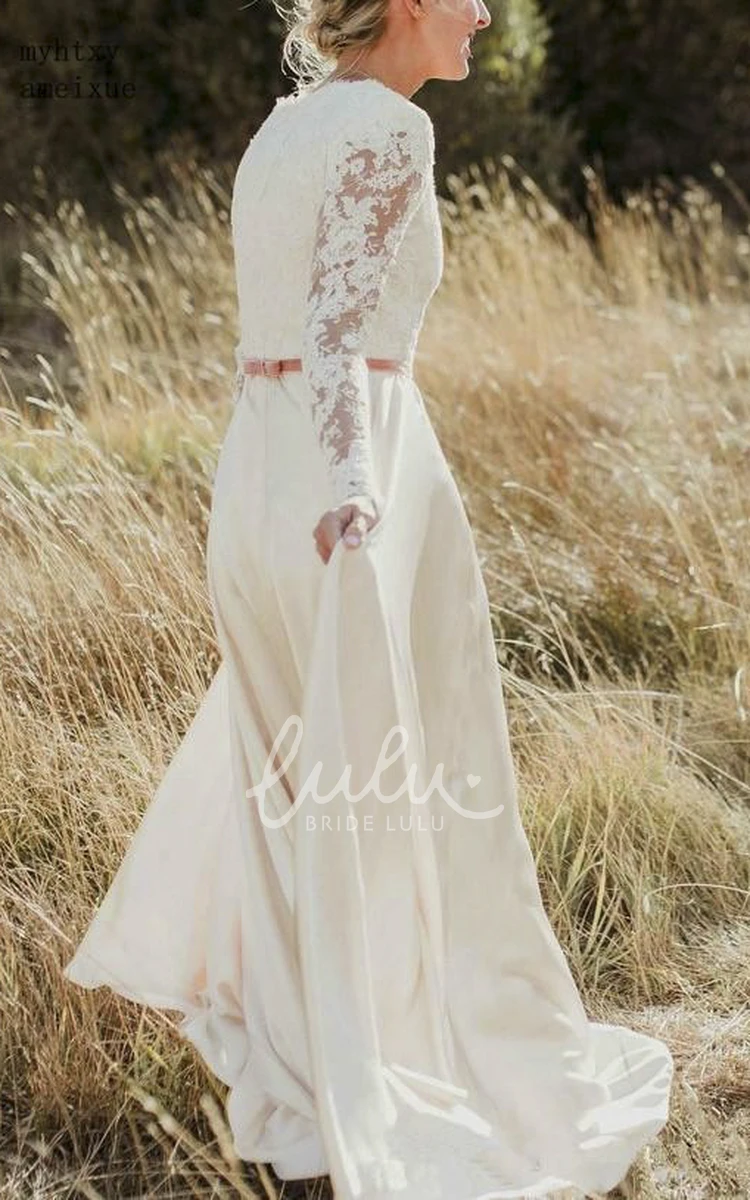 Long Sleeve Sheath Wedding Dress with Scalloped Lace and Satin Elegant Bridal Gown