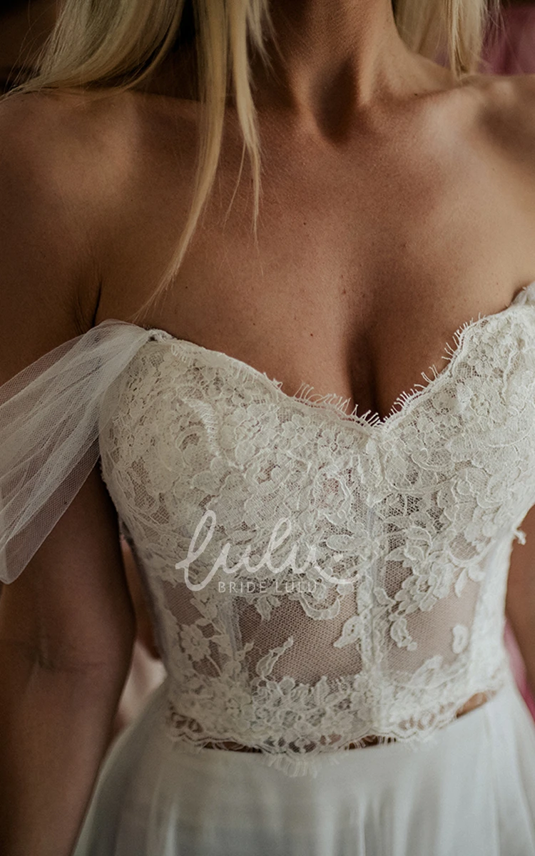 Two-Piece Lace Wedding Dress with Off-the-Shoulder Neckline Cross Back and Front Split Modern and Unique