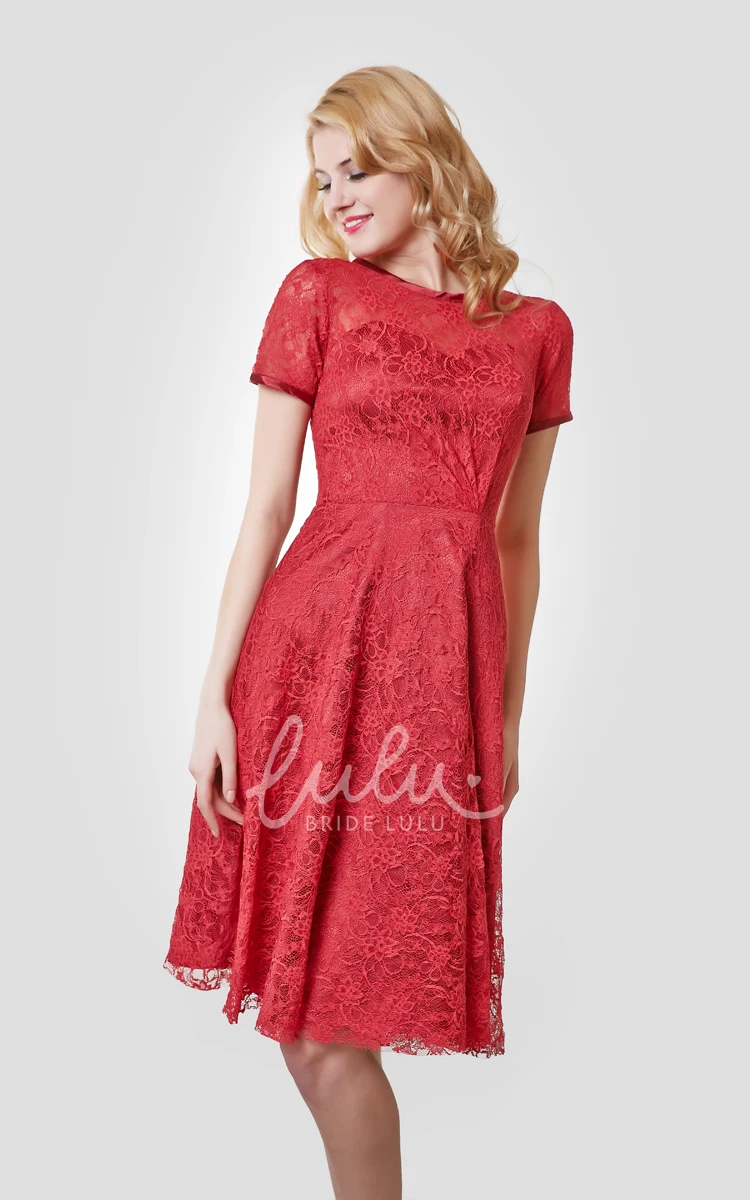 Bateau Neckline Lace Dress A-Line with Short Sleeves and Knee Length