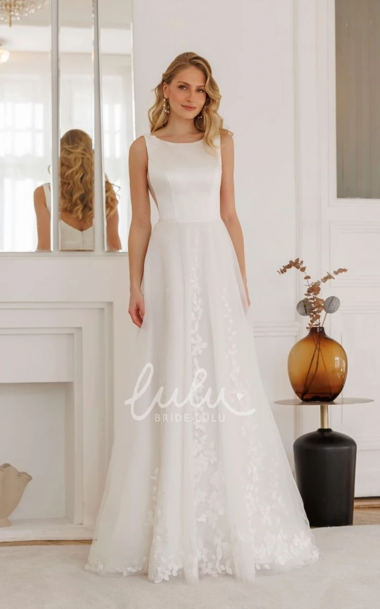 A Line Romantic Floral Lace Tulle Winter Wedding Dress Casual Satin Sleeveless Bateau V-Back Bridal Train Gown