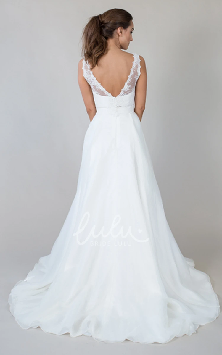 V-Neck Lace&Satin A-Line Sleeveless Wedding Dress