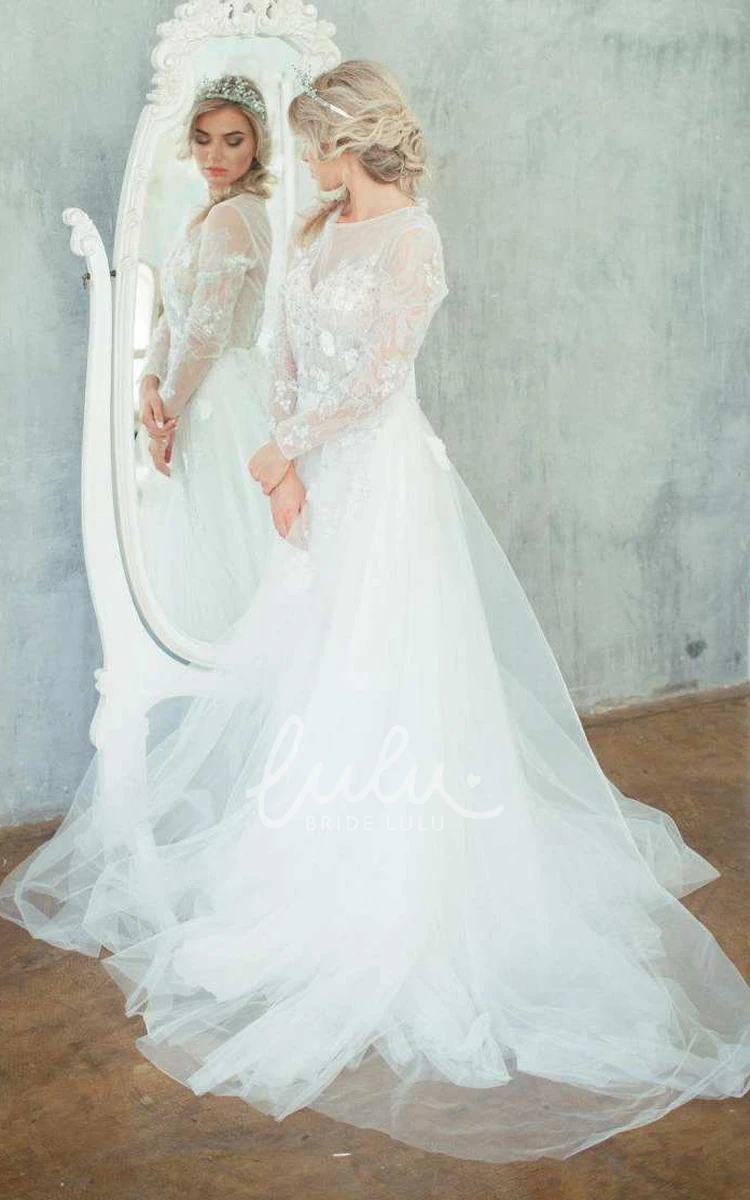 A-Line Tulle Satin Wedding Dress with Lace-Up Corset Back Floral Embroidered Country