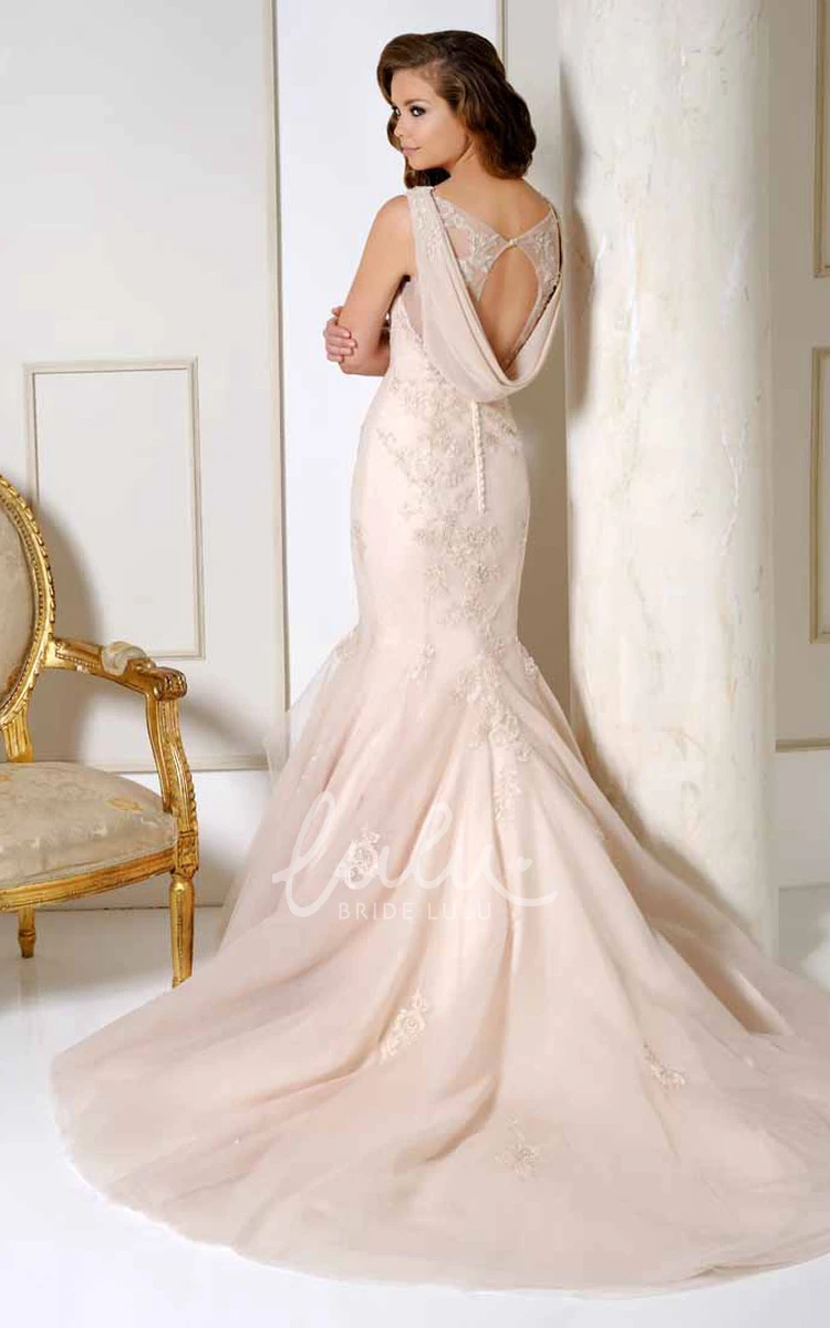 Satin and Tulle Maxi Wedding Dress with V-Neckline and Chapel Train Unique Bridal Gown